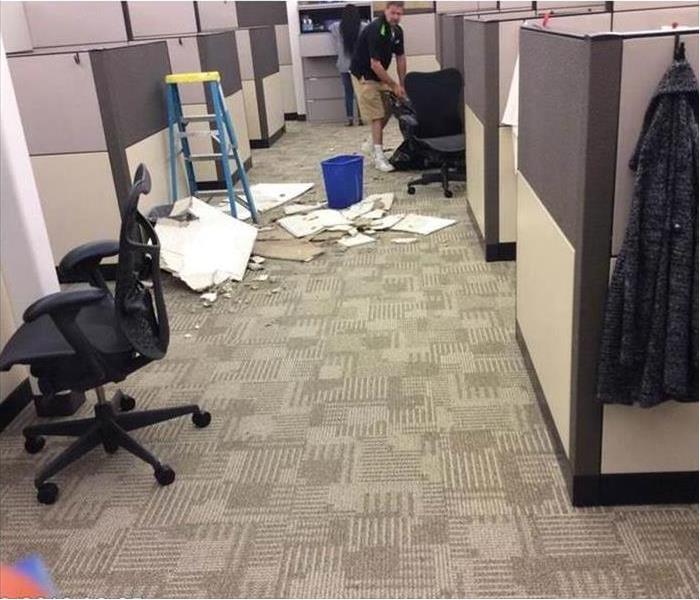 Business office showing wet floor and fallen ceiling debris