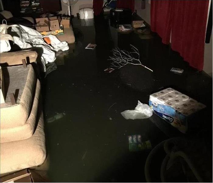Basement flooded by several inches of water with items floating in the water